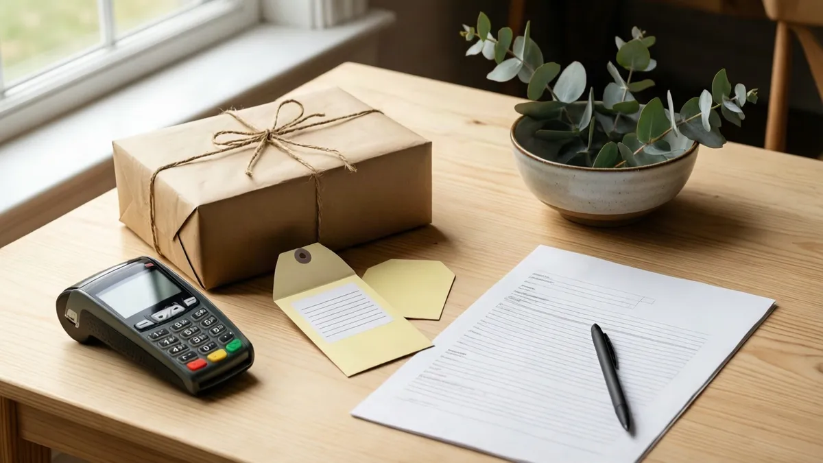 Sunlight illuminates a wooden table holding a wrapped parcel, payment terminal, yellow tags, paperwork, and a grey potted plant.