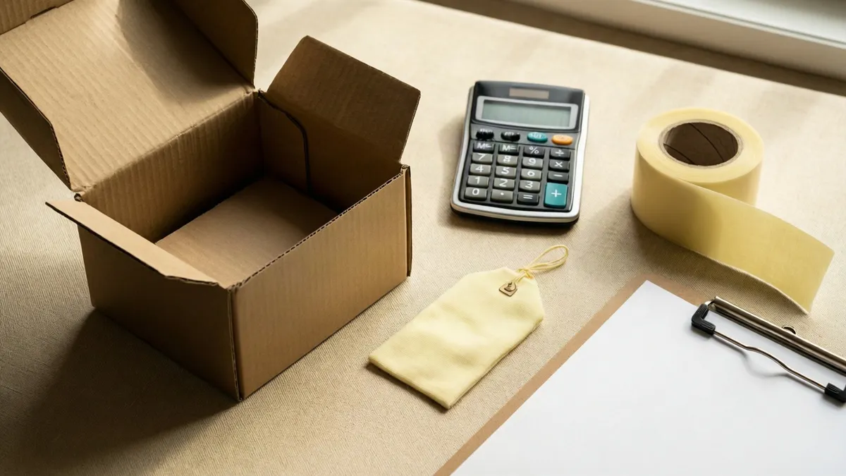 Open cardboard box, calculator, and tape roll sit beside a small bag and blank clipboard on a beige surface.