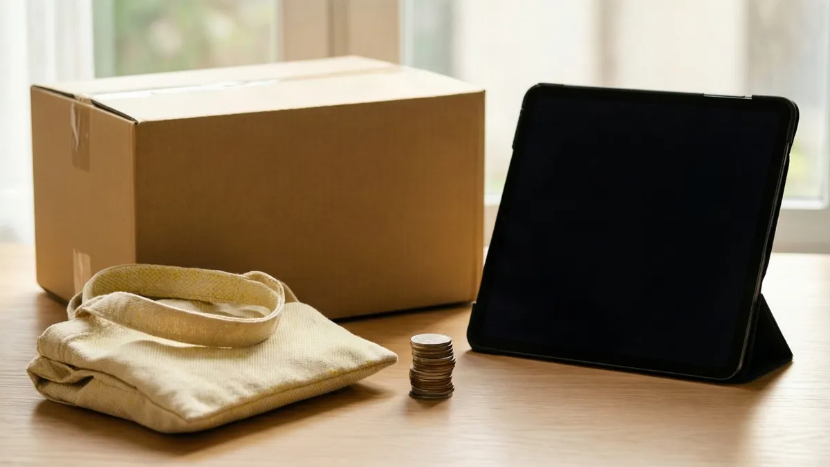 Cardboard box, folded beige tote, coin stack, and black tablet on light timber desk near window.