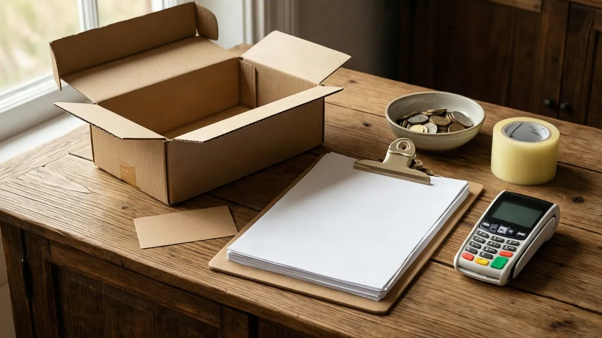 An open cardboard box, clipboard, tape, and payment terminal sit on a wooden table beside a bowl of coins.