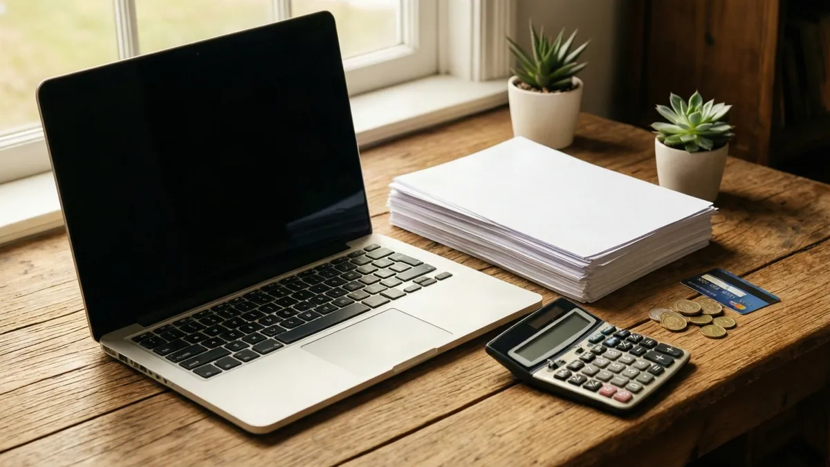 A silver and black laptop sits open on a rustic timber desk beside a tall stack of white paper, a calculator, some gold coins, a blue card, and two.