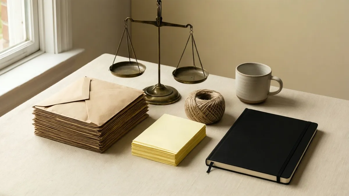 A brass balance scale with empty pans on a cream cloth table, beside a stack of kraft envelopes, a pile of pale yellow paper, a ball of twine, a black notebook and a plain ceramic mug