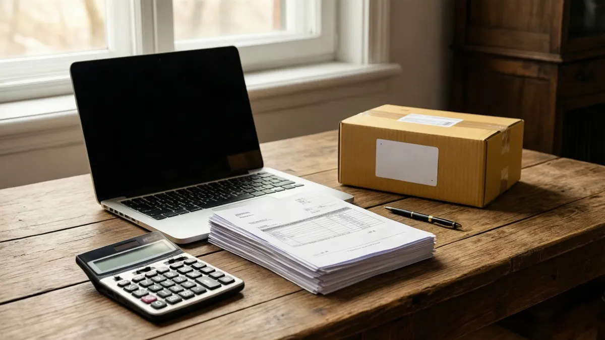 A timber desk holds a laptop, calculator, stack of documents, and cardboard box, illuminated by natural window light.