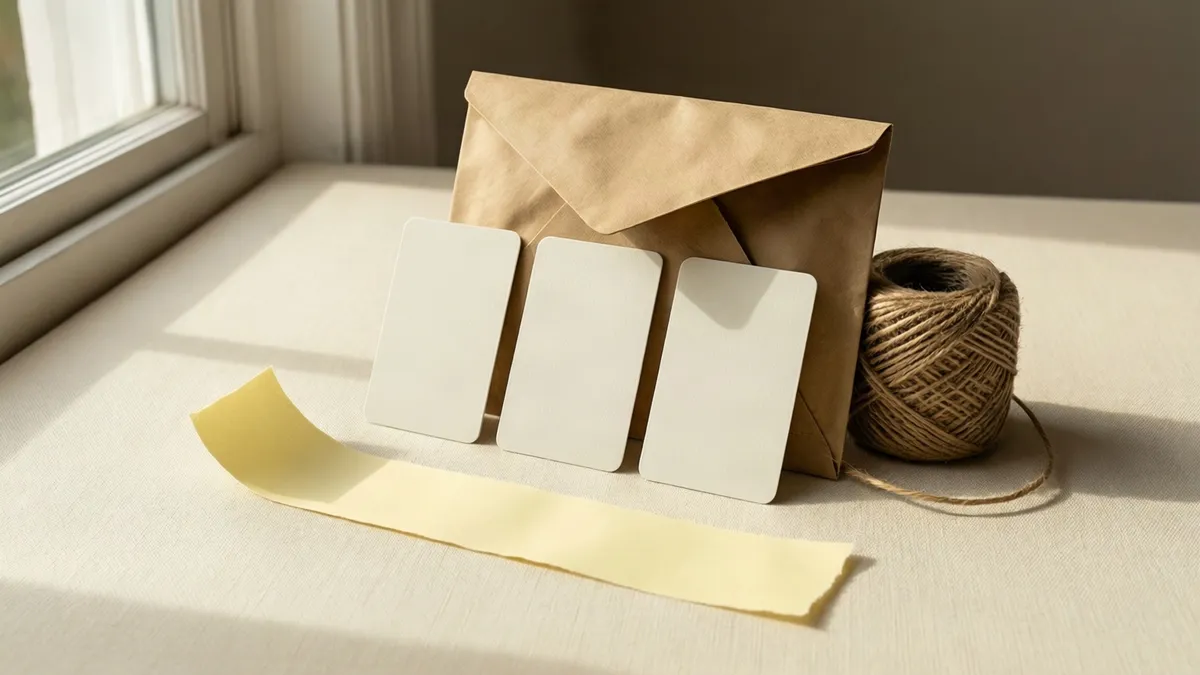 Three blank white cards standing in a row against a kraft paper envelope on a cream table, with a ball of twine and a pale yellow paper strip beside them