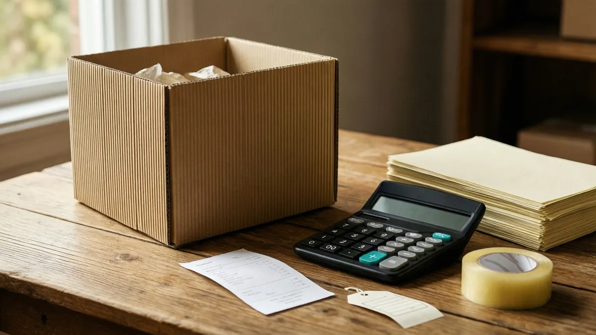 A corrugated cardboard box, calculator, paper stack, tape, receipt, and tag on a timber desk, lit by natural light from a window.