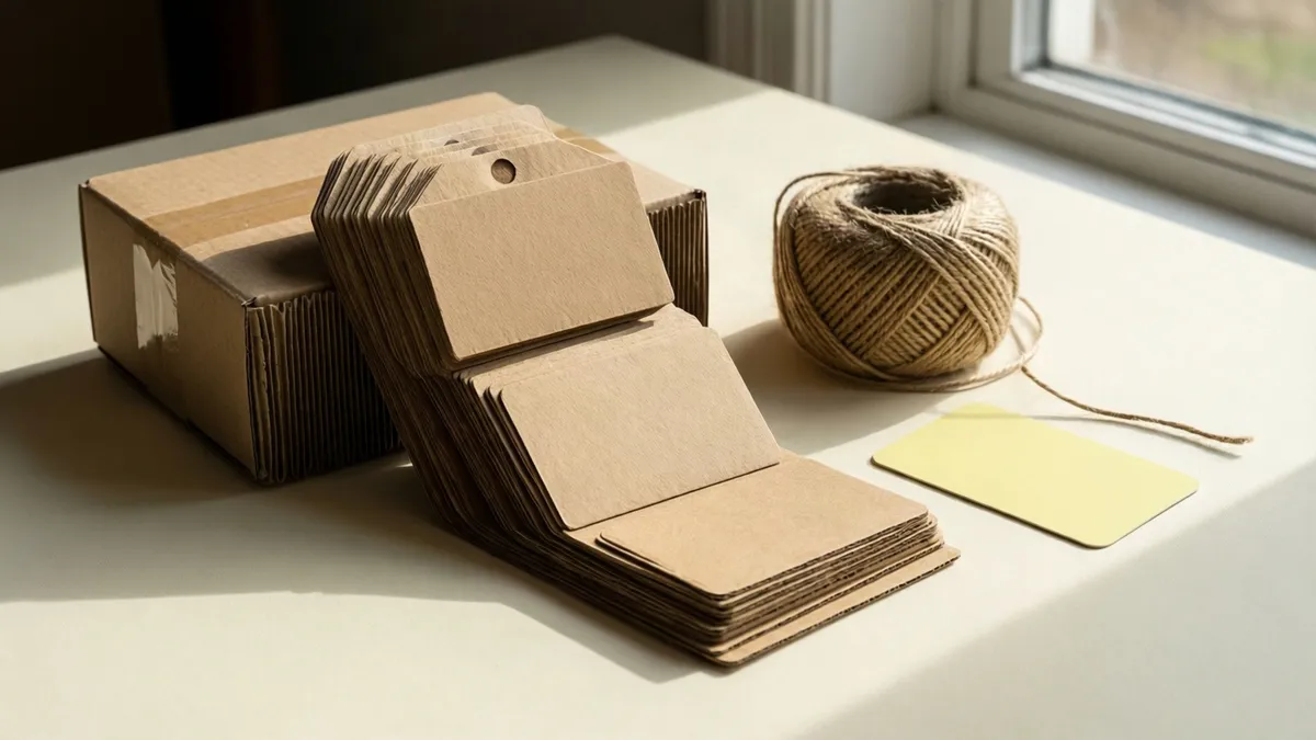 Brown cardboard box, stacked kraft tags, twine ball, and pale yellow card rest on a sunlit white desk near a window.