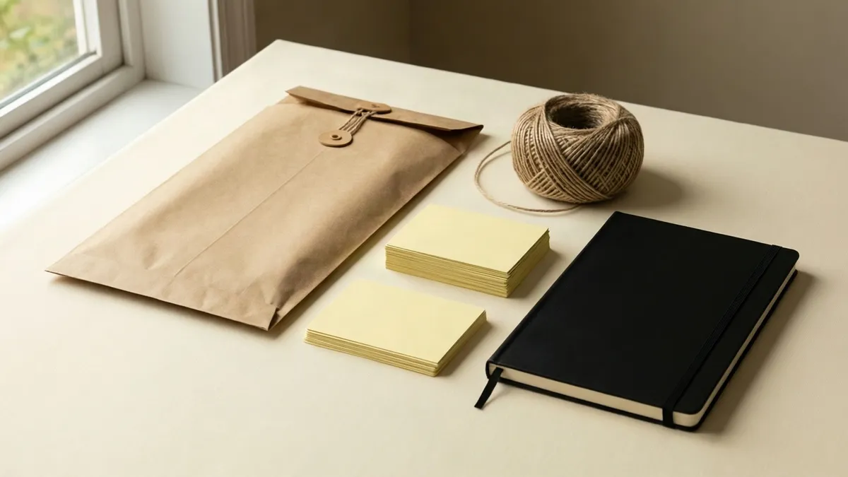 A kraft paper mailing envelope lying flat on a cream table beside two stacks of blank pale yellow cards, a ball of twine and a black notebook